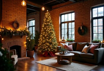 Industrial Christmas Wonderland: A Cozy Loft Featuring Rustic Decor, a Stunningly Adorned Tree, and Warm Edison Bulb Lights in an Exposed Brick Atmosphere
