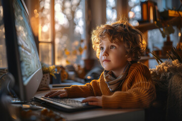 Cheerful child deeply engages in an e-learning lesson at a bright desk. The warm sunlit room enhances the joyful atmosphere of learning and exploration through technology