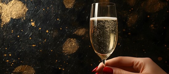 A woman's hand with red nails gracefully holds a champagne glass filled with sparkling wine.