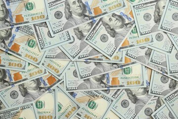 Big amount of american USD hunderd dollar bills banknotes close up