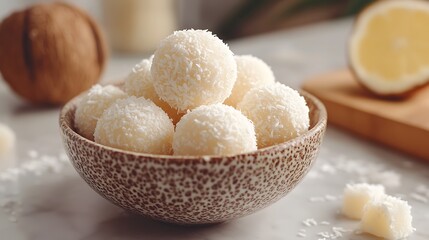Fototapeta premium White chocolate coconut truffles in a bowl with coconut flakes, a lemon wedge, and a coconut.