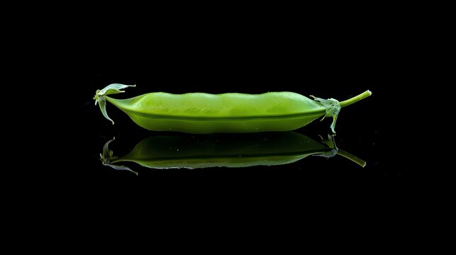 A pea pod with five peas inside, photographed against a black background.