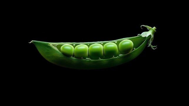 A close-up of a pea pod with five peas inside on a black background.