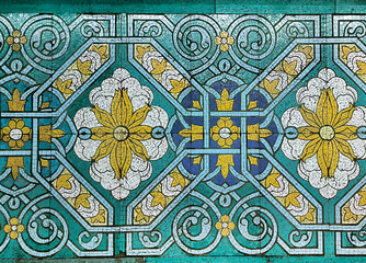National east ornaments from Uzbekistan, mosaic blue, green and yellow asian background, Pakhtakor metro station