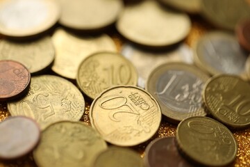 Pile of Euro coins. Various EURO coins for business money, financial cash, currency and economy concept