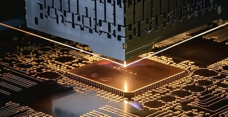 A close-up of a circuit board with a laser cutting a precise pattern. The board is covered in intricate circuitry, and the laser beam is focused on a small area, emitting a bright light - Powered by Adobe