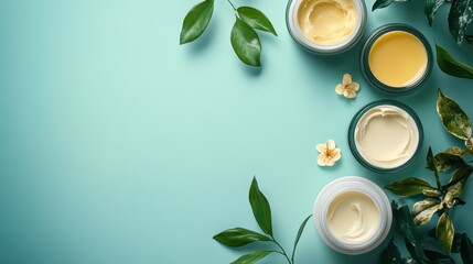 Pure natural cosmetic products at color background. Cream, mask, lotion for face and body care. Top view image with copy space. Generative Ai.