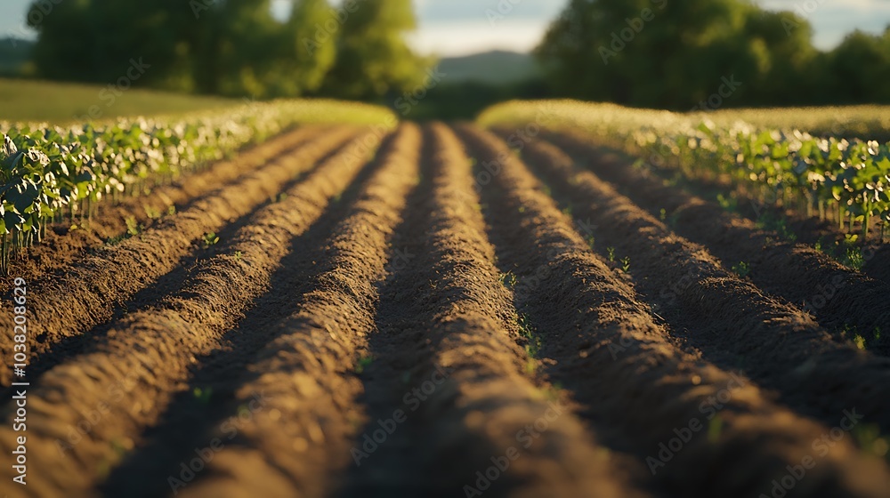 Poster a close-up of a field of newly planted crops with rows of soil in the foreground and the setting sun