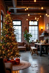 Obraz premium Enchanting Christmas Loft: Experience the Magic of Rustic Decor, a Beautifully Adorned Tree, and Warm Edison Bulb Lighting in a Spacious Industrial Setting 
