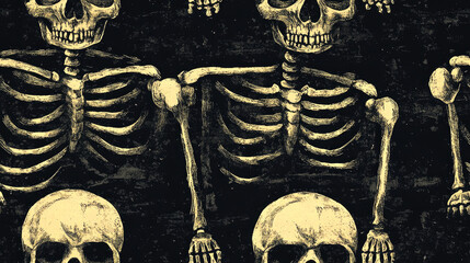 A close-up of three skeletons with visible ribs and skulls, rendered in a vintage style.
