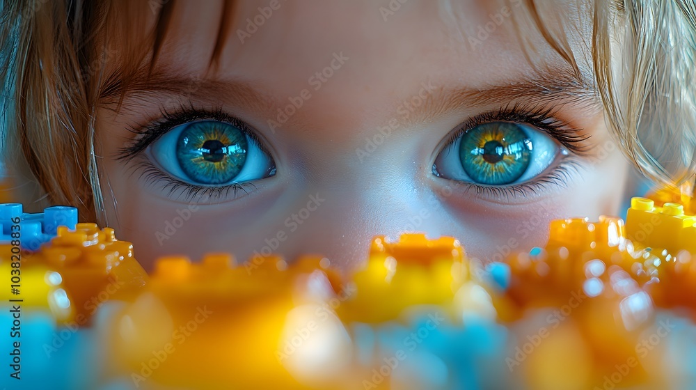 Poster close-up of a child's eyes with colorful building blocks in the foreground.