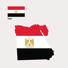 An illustration of Egypt's flag with a map features the red, white, and black horizontal stripes of the flag, overlaid with a golden eagle.