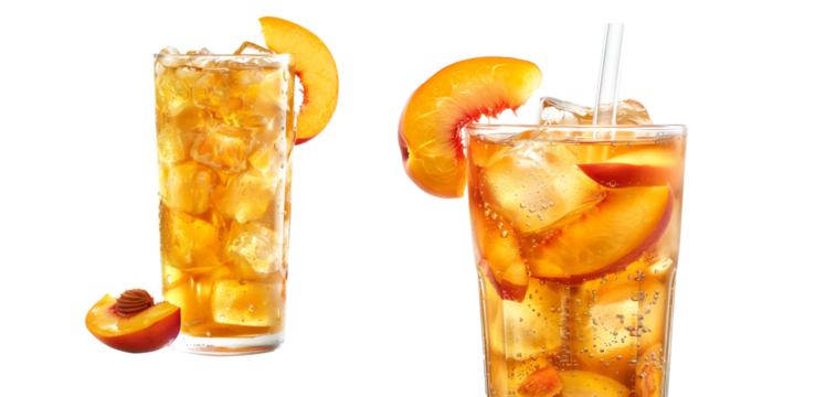 Refreshing peach ice tea filled with ice cubes and lemon slices isolated on white transparent background.