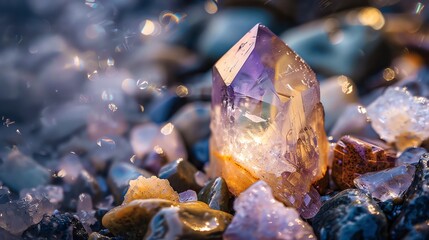 Obraz premium A large crystal sits among many other rocks and crystals.