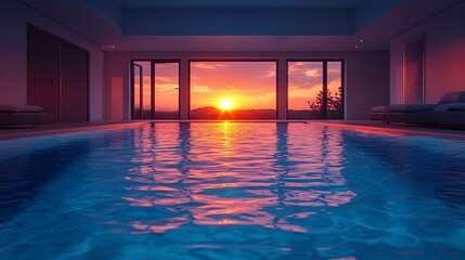 Indoor swimming pool with sunset view through large windows.