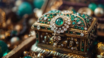 Fototapeta premium An ornate gold box with green and white gems.