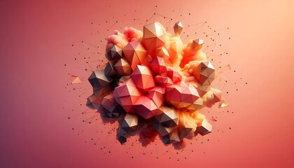 Floating polygons in smooth ombre of coral, peach, and gold, giving luxurious and dynamic three-dimensional abstract appearance,generative ai

