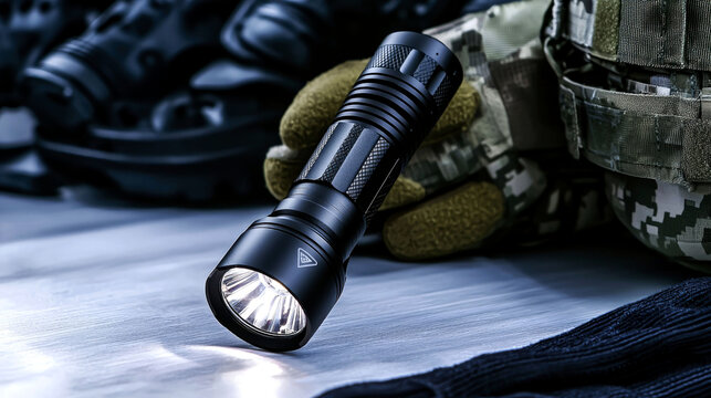 A black tactical flashlight with a bright beam of light shining on a metal surface.
