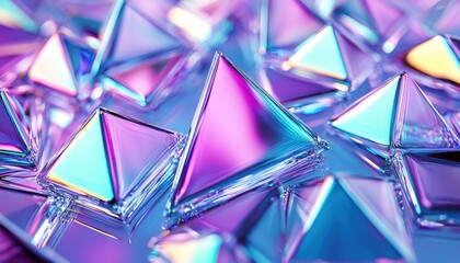A vibrant arrangement of reflective, multicolored triangular prisms creating a visually striking, abstract composition.
