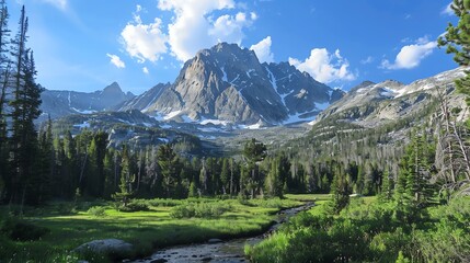 A mountain range with a stream in the foreground.