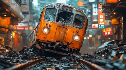 A wrecked train sits on the tracks in the middle of a busy city street.