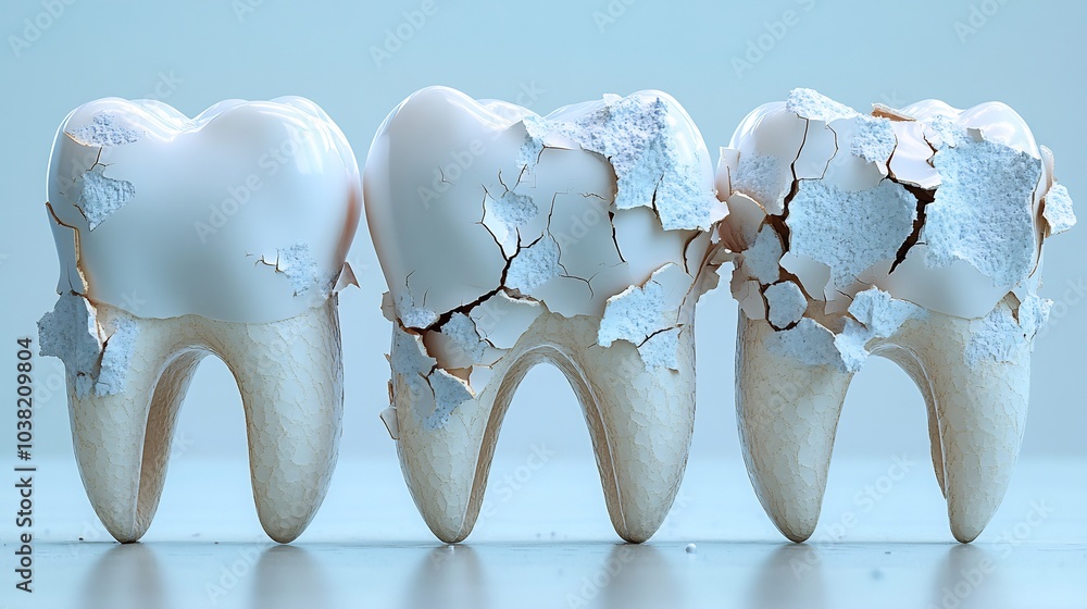 Aufkleber 3d rendering of broken and fractured teeth displayed in various stages of damage symbolizing the imp