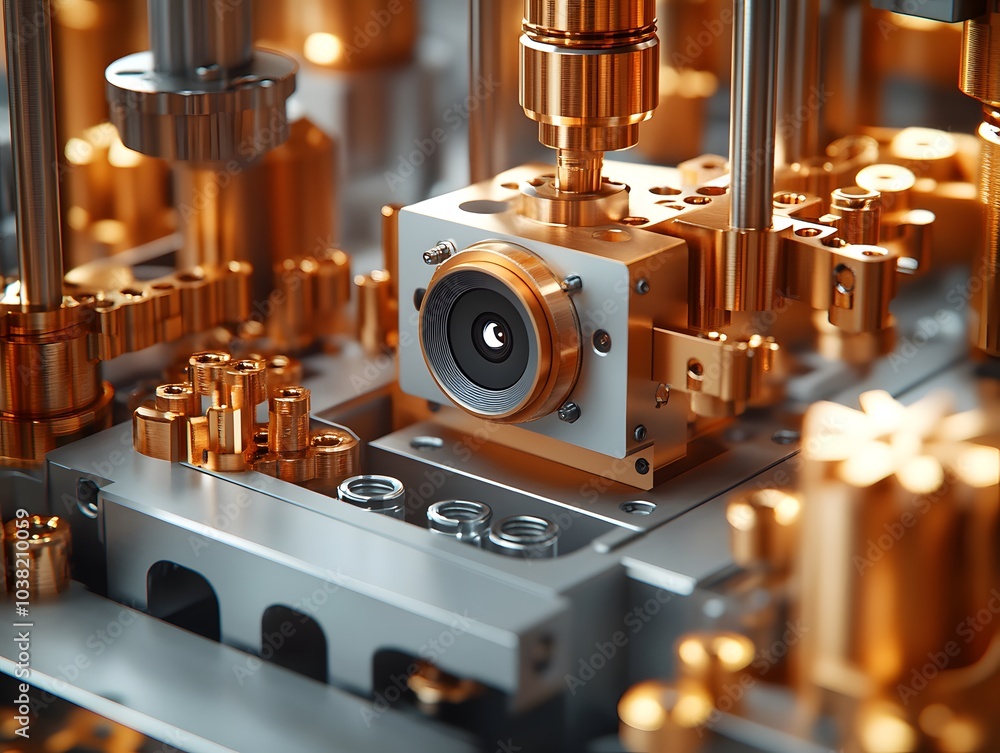 Poster close-up of intricate machinery featuring a camera component and metallic gears.