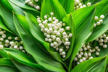 Fototapeta premium Aerial Photography of Lily of the Valley Buds and Leaves, Fresh Botanical Textile Print, Spring Floral Design, Summer Fabric with Convallaria Majalis Patterns