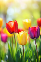 Colorful tulip flower field Spring floral green background