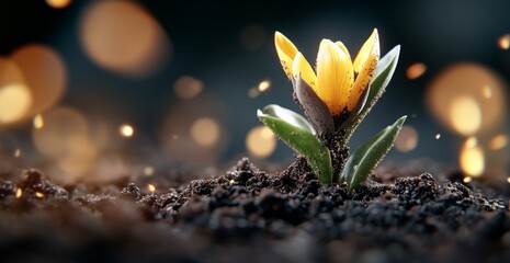 Obraz premium The resilience of nature a vibrant yellow flower emerging from dark soil symbolizing hope and renewal in a beautiful setting