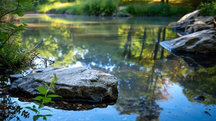 Obraz premium A large rock in a calm creek with trees reflected in the water.