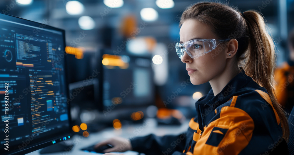 Poster focused engineer analyzing data in a high-tech environment with advanced tools for innovative soluti