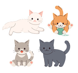 Character illustration of cute, small kittens that have just been born. A cat sitting, a cat playing with yarn.