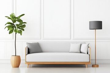 Modern minimalist living room with a cozy sofa and elegant floor lamp surrounded by greenery
