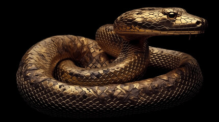 3D gold snake for 2025 Chinese New Year. Full body, Chinese style, black background, with alpha path. Perfect for zodiac, Lunar New Year designs, and premium projects.