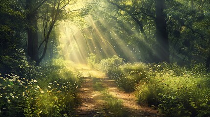 A sunlit path through a forest.
