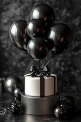 Black balloons floating over gift box with bow on dark background