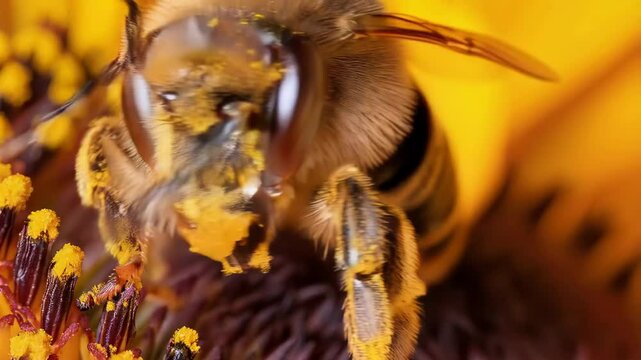 Close up of a bee covered in pollen, gathering nectar from a yellow sunflower. Shows nature's beauty and pollination process