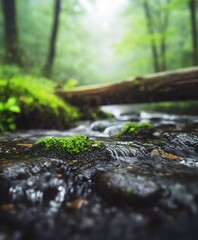 Tranquil Forest Stream Flowing Through Mossy Rocks Lush Greenery Reflection