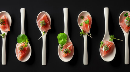 Elegant presentation of tuna tataki in ceramic spoons with yuzu kosho and microgreens, set against a minimalist black backdrop