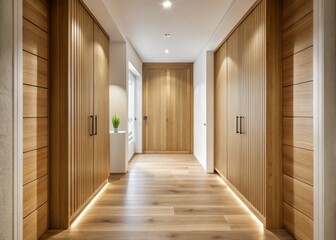 A Serene Hallway with a White Door and Wooden Closet - Interior Design, Home Decor, Hallway Inspiration, Minimalist Aesthetics, Modern Living Spaces