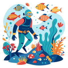 Fototapeta premium Hand-drawn diver exploring a coral reef and interacting with fish underwater. Perfect for: World Oceans Day, Coral Reefs, Diving Resorts