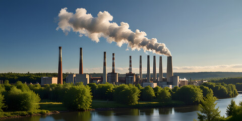 Power plant, large chimneys emitting white steam