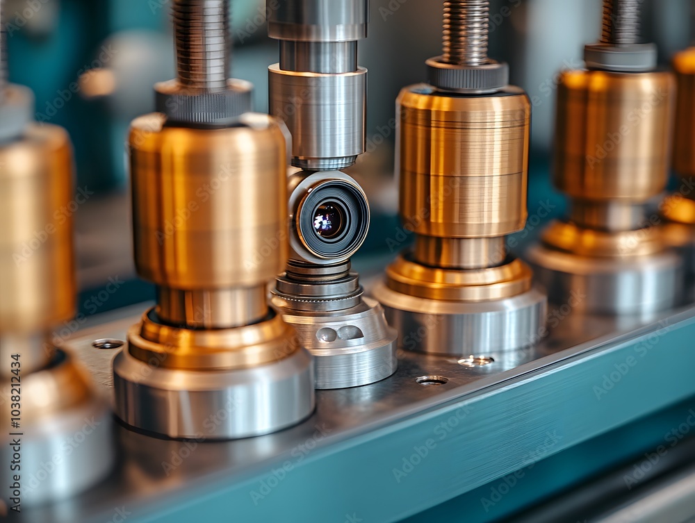 Poster close-up of precision machinery components with a focus on a lens mechanism.