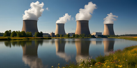 Nuclear power plant, cooling towers with rising steam, located near the lake