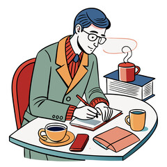 Hand-drawn novelist writing in a café with a coffee cup. Perfect for: World Book Day, National Novel Writing Month, literary events, cafes