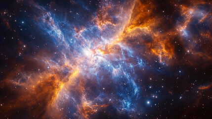 The image is a space photo of a nebula with blue and orange colors, showing a close up view of the galaxy.