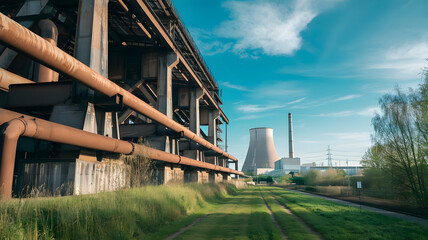 Obraz premium Industrial chimneys, weathered iron, large and imposing, power plant in the distance