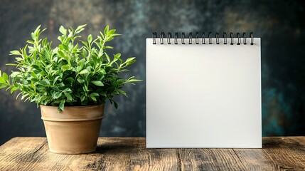 Blank white spiral desk calendar mockup displayed on a rustic wooden table accompanied by a vibrant green plant creating an inviting workspace that inspires productivity and organization