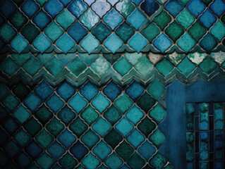 Old Wall with Turquoise, Blue and Green Ceramic Tiles. Moroccan Wall Mosaic. Marrakech pattern. Abstract Blue Green Turquoise Background Texture	